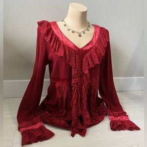 Red Long sleeve with ruffles , beads & lace Le Grenier Size Large